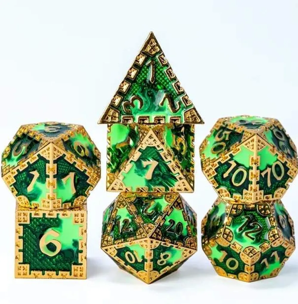 Udixi Dice Colorful Metal Poly City Wall Dragon Green /Gold (7) Terningsett* Sett
