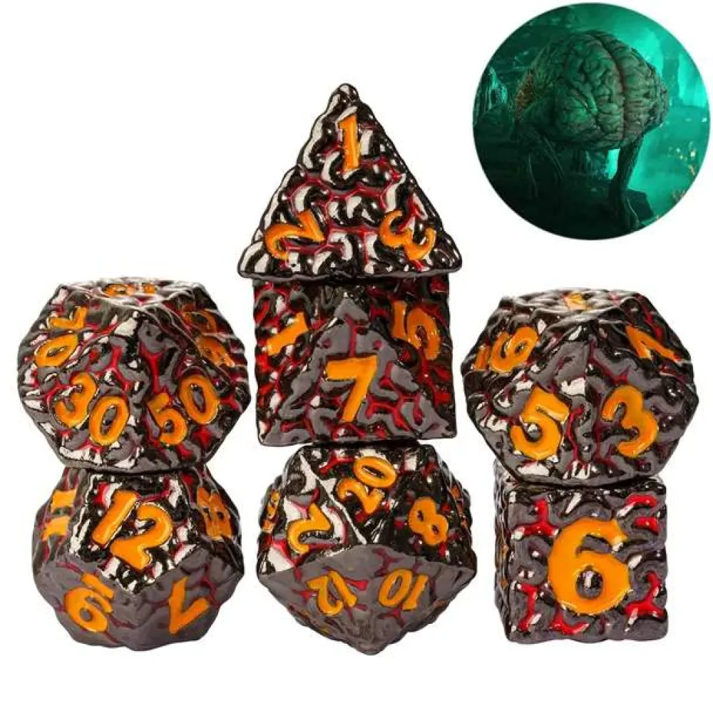 Udixi Dice Sett^Colorful Metal Poly Intellect Devourer Black, Red /Orange (7) Terningsett