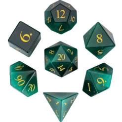 Udixi Dice Sett^Gemstone Poly Cat's Eye Dark Green /Gold (7)