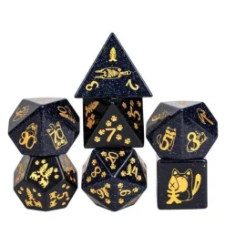Udixi Dice Gemstone Poly Pattern Cat Blue Sandstone /Gold (7)* Sett