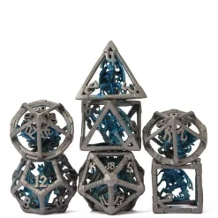 Udixi Dice Hollow Metal Poly Retro Dragon Blue /Silver (7)* Sett