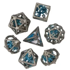 Udixi Dice Hollow Metal Poly Retro Dragon Blue /Silver (7)* Sett