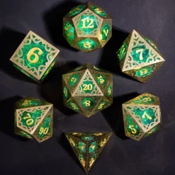 Udixi Dice Sett^Metal & Resin Poly Victorious Vines Green /Gold (7)