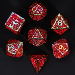Udixi Dice Sett^Rainbow Metal Poly Pattern Druid Red /Gold (7)