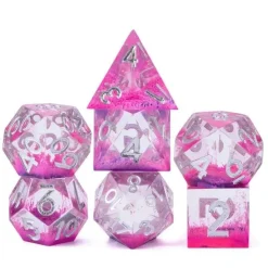 Udixi Dice Sett^Sharp Edge Resin Poly Color Sinking Pink /Silver (7) Terningsett