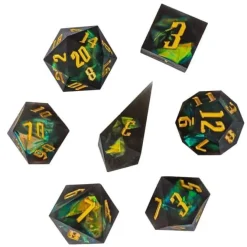 Udixi Dice Sett^Sharp Edge Resin Poly Frosted Black, Green /Gold (7)
