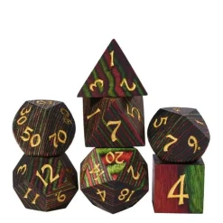 Udixi Dice Wood High Quality Colorful Striped Red, Green /Gold (7)* Sett